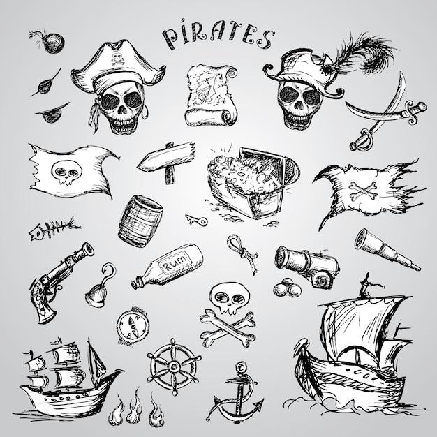 Vettore set di pirati illustrazioni vettoriali disegnate a mano