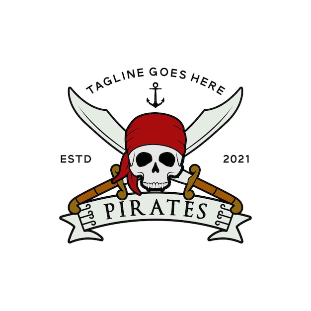 pirates skull with crossing swords vintage boat ship sailor logo design inspiration