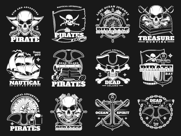 Pirates skulls and treasure hunting icons