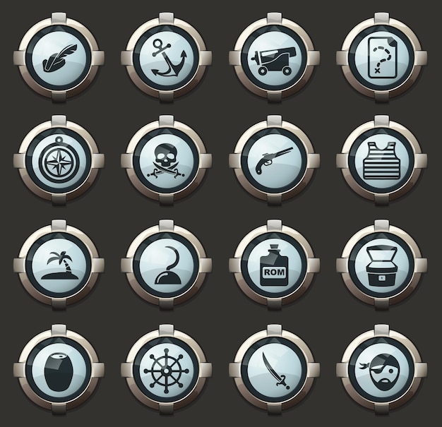 Pirates vector icons in the stylish round buttons for mobile applications and web