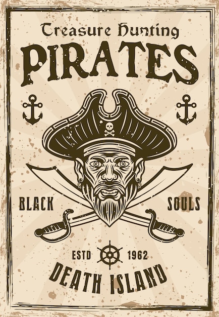 Pirates vintage poster with men head in hat and crossed cabers vector illustration for invitation on event Layered separate grunge textures and text