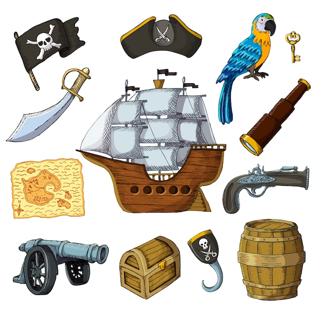 Vector piratic pirating sailboat parrot character of pirot or buccaneer illustration set of piracy signs hat chest sword and ship with black sails isolated on white background