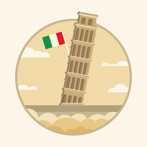 Pisa leaning tower landmark with flag of Italy travel postcard Vector