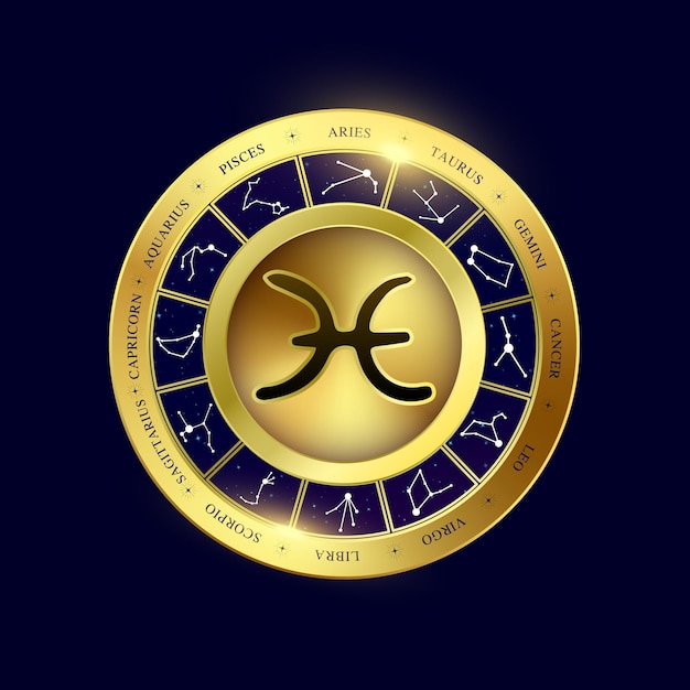 Vector pisces zodiac gold coin witchcraft astrology for zodiac constellations modern magic divination.