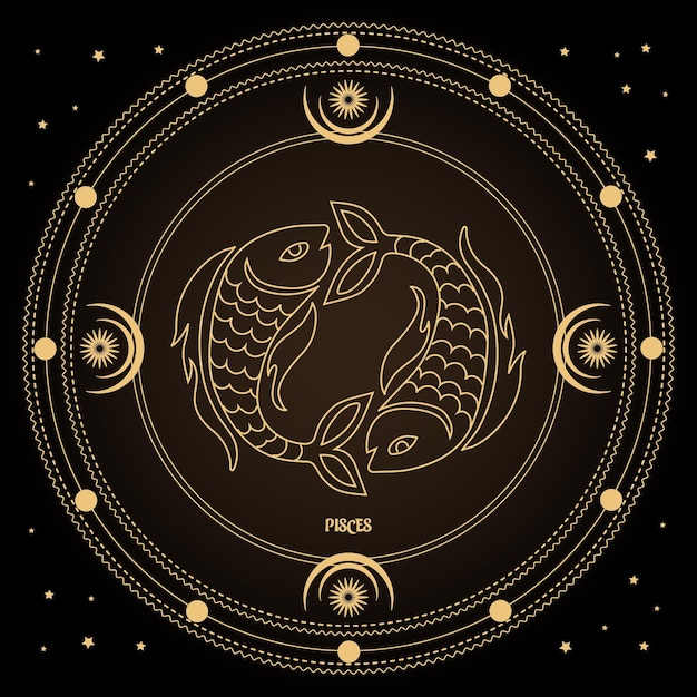 Знак зодиака Рыбы, знак астрологического гороскопа в мистическом кругу с луной, солнцем и звездами.