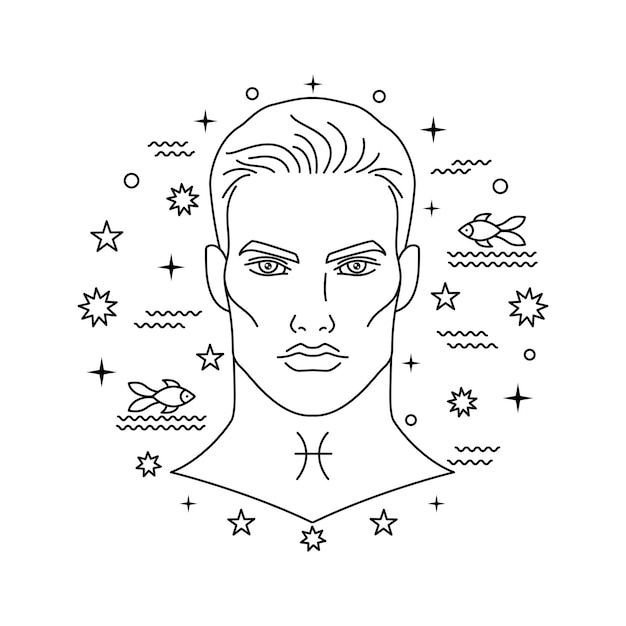 Pisces zodiac sign in line art style on white background