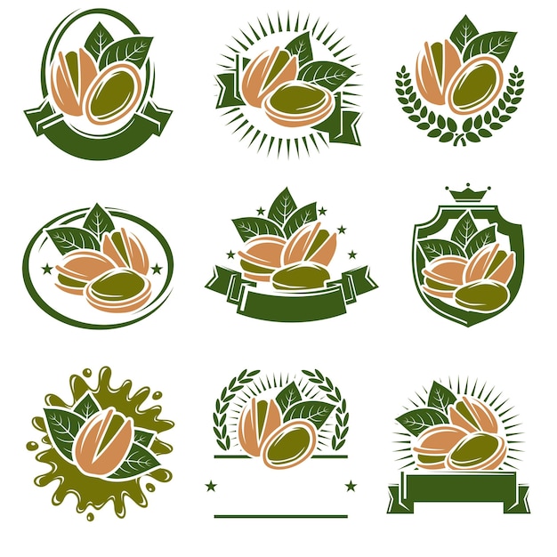 Pistachenoten label en icon set. Collectie pistachenoten iconen. Vector
