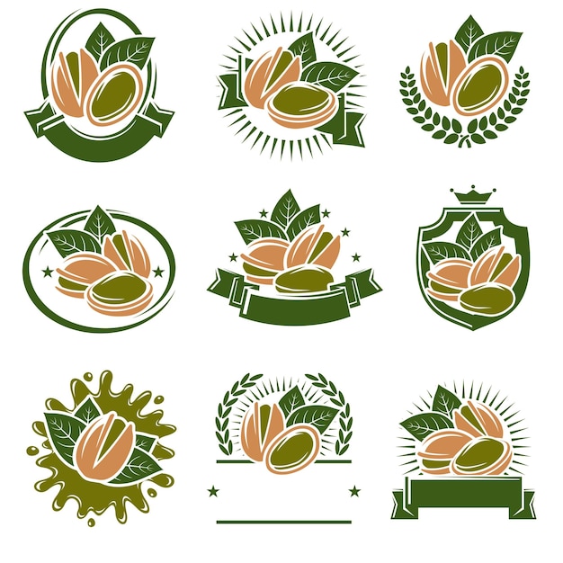 Pistachenoten label en icon set. collectie pistachenoten iconen. vector