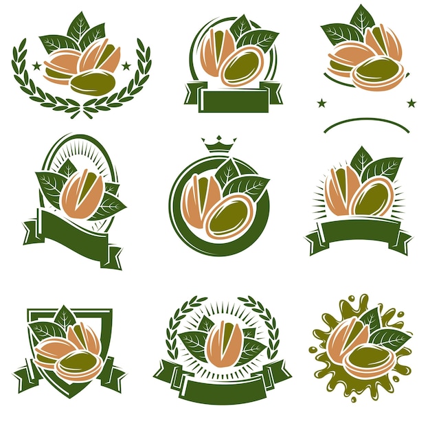 Pistachenoten label en icon set. Collectie pistachenoten iconen. Vector