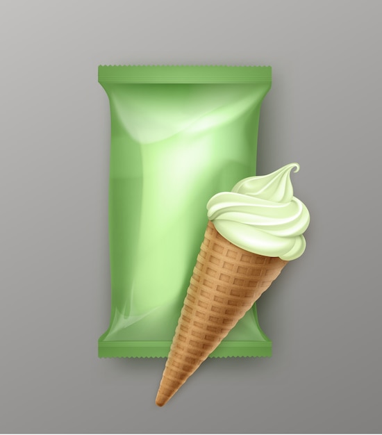 Pistachio kiwi mint soft serve ice cream waffle cone with plastic foil wrapper for branding package  close up  on background