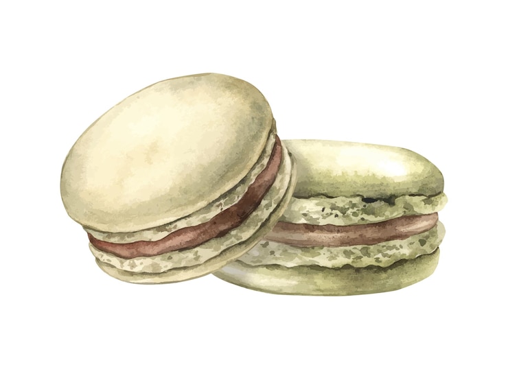 Vector pistachio macaroons with chocolate filling watercolor handdrawn composition on an isolated background for tea or breakfast with coffee suitable for the design of shops cafes packaging postcards
