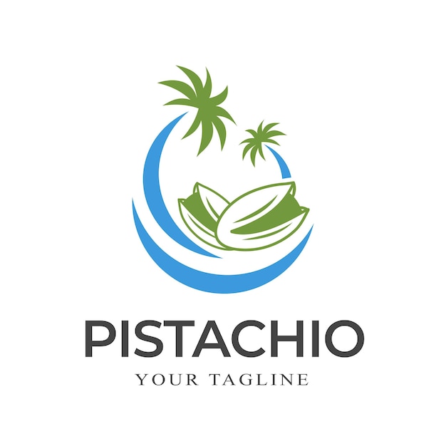 Pistacchi con modello di logo simbolo mare e palma semi di pistacchio con disegno vettoriale a conchiglia illustrazione del design di alimenti naturali e nutrizione vegetariani e biologici