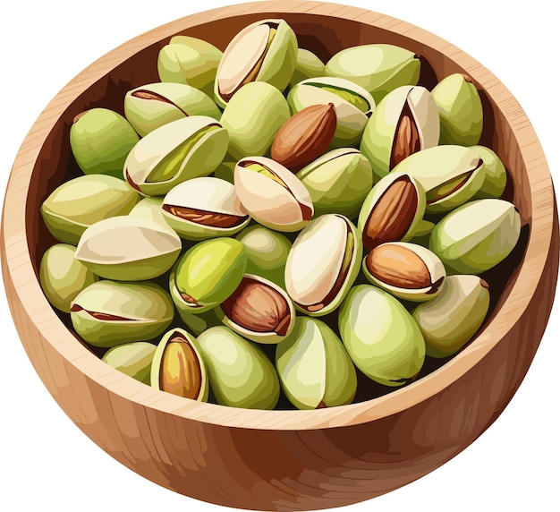 Vector pistachio nuts in wooden bowl for cooking healthy vegetarian organic food antioxidant ingredient art