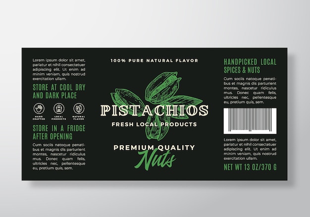 Vettore pistacchi food label template abstract vector packaging design layout tipografia moderna banner con sfondo di dadi disegnati a mano isolato