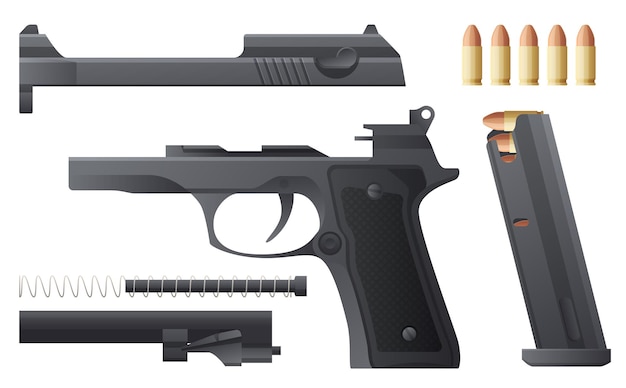 La pistola è dettagli smontati dell'illustrazione vettoriale di armi da fuoco su sfondo bianco