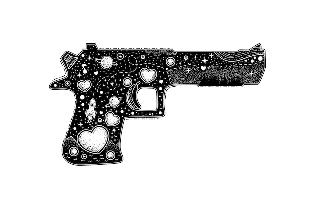 Pistol silhouette with hearts and planets