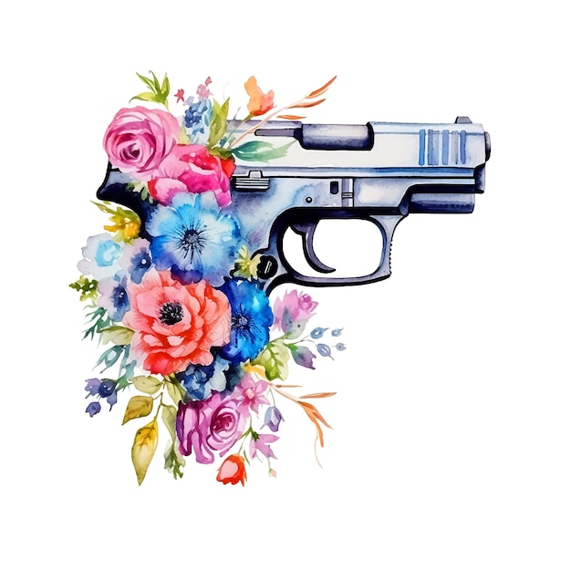 Pistol with flowers watercolor hand paint ilustration