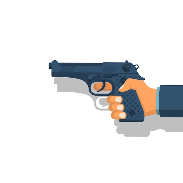 Vector pistool in de hand houden man pistool in menselijke vuurwapens geïsoleerd op witte achtergrond man is gewapend voor bescherming of aanval vector illustratie plat ontwerp aanvaller of cop