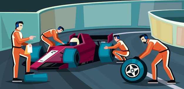 Pit stop crew changing wheels of bolide mechanic technicians and engineers workers in racing uniform changing wheels of bolide autocross car repairing on race track vector cartoon graphic