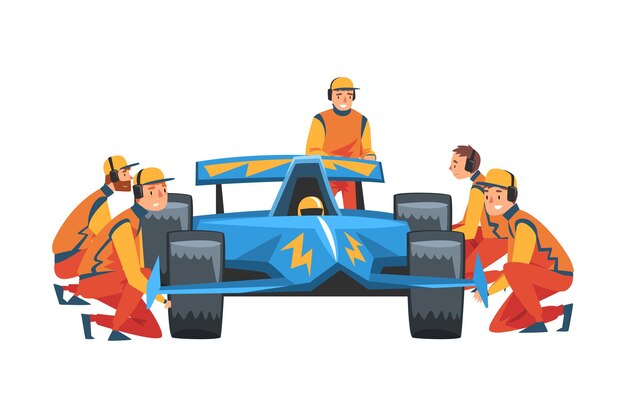 Pit Stop Crew Members in Uniform Changing Tire Wheels Maintenance of Racing Car Professional Mechanics Cartoon Characters Vector Illustration