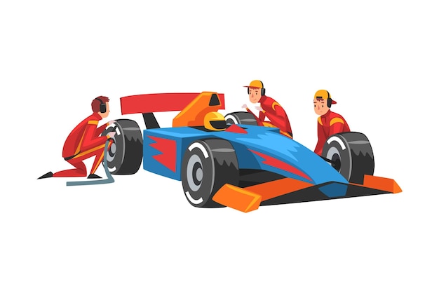 Pit Stop Crew Members in Uniform Changing Tire Wheels Professional Mechanics Cartoon Characters Vector Illustration