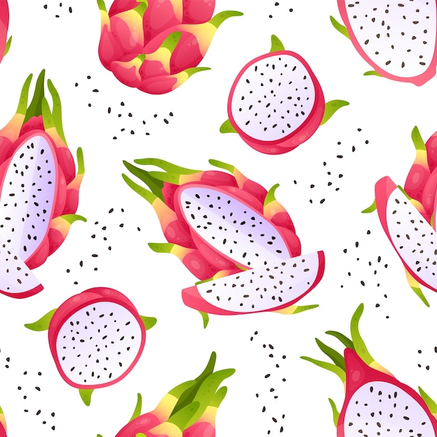 Pitaya pattern Seamless texture with whole half and pieces of exotic Asian dragon fruits Sweet tropical product and plant seeds Summer tasty juicy pitahaya background Vector fabric print mockup