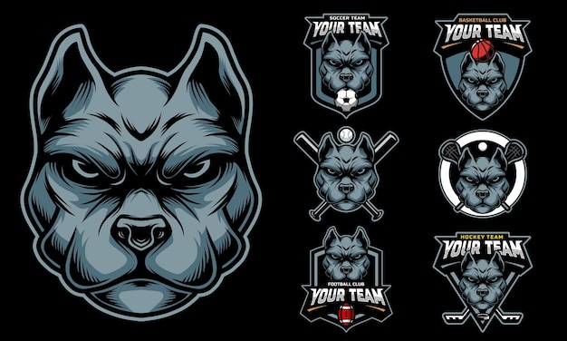 Pitbull head mascot logo met logoset voor teamvoetbal, basketbal, lacrosse, honkbal en etc.