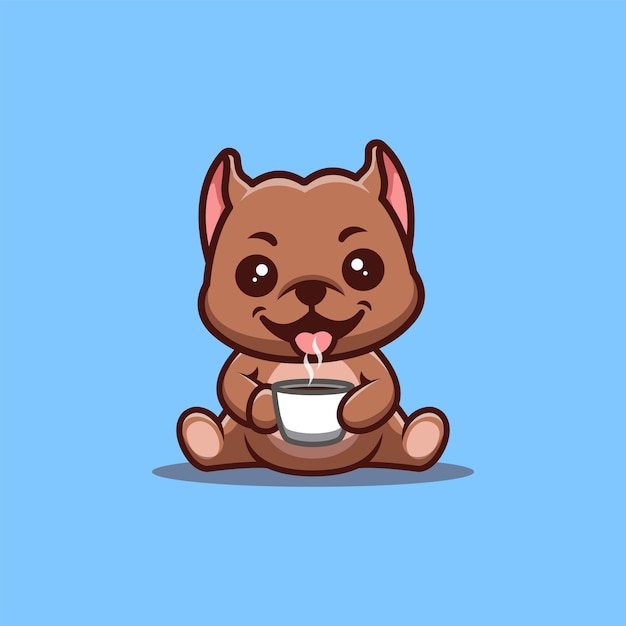 Pitbull Sitting Drink Coffee Cute Creative Kawaii Cartoon Mascot Logo