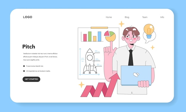 Pitch preparation concept energetic man with laptop pointing at a data chart while a rocket readies