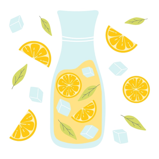 Pitcher with lemonade Cool lemonade with pieces of lemon mint and ice Vector illustration isolated on white background Flat style