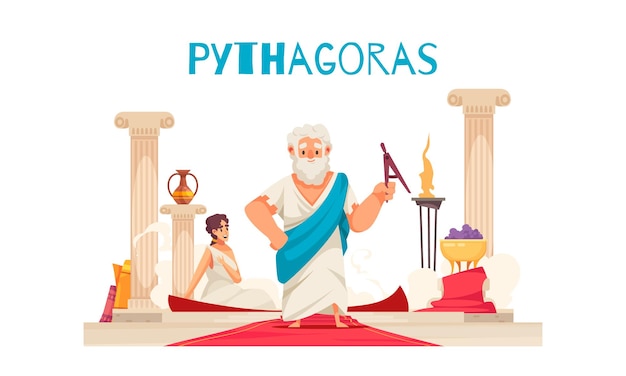 벡터 열 레드 카펫 및 텍스트와 고대 그리스 수학자 피 타고르의 낙서 문자로 pithagoras 구성