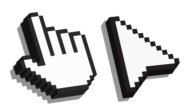 Pixel 3d muis cursor Hand en pijl cursor Computer Muis klik cursor Vector clipart