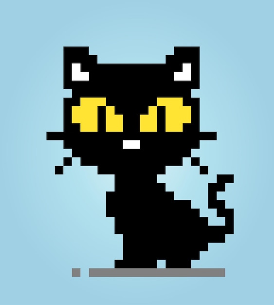 Pixel 8 bit black cat animals for game assets in vector illustration