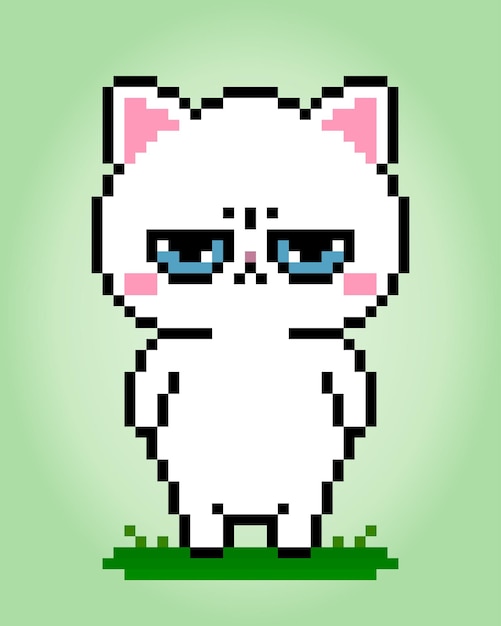 Pixel 8 bit boze witte kat dieren voor spelactiva in vectorillustratie