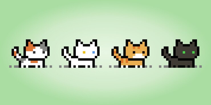 Vector pixel 8 bit cat collection animals for game assets in vector illustration