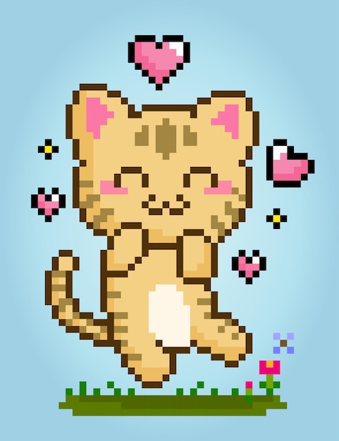 Pixel 8 bit gatto felice animali per le risorse di gioco nelle illustrazioni vettoriali