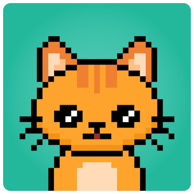 Pixel 8 bit cat head. Animal portrait for game assets in vector illustration