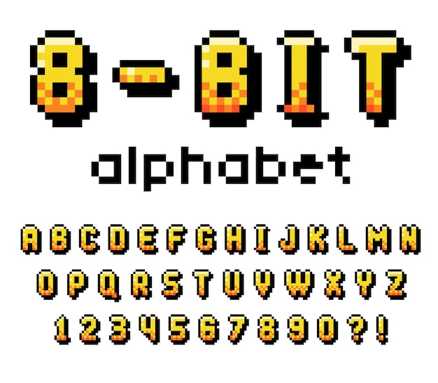 Pixel 8 Bit Font and Alphabet Letters and Numbers Vector Set Alphabetical Character and Typeset