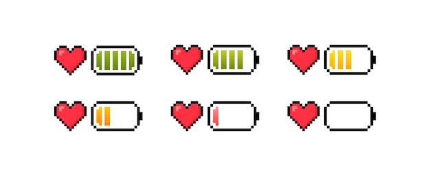 Vector pixel 8 bit heart with battery battery with different charge and health level health scale