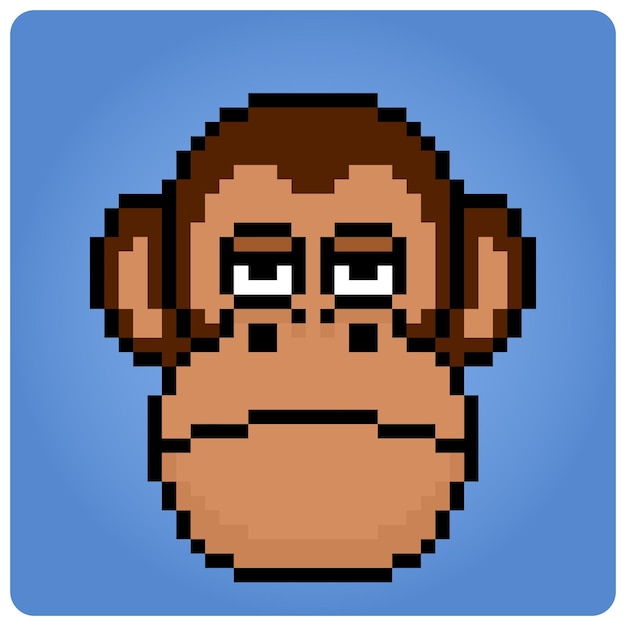 Pixel 8 bit monkey head. Animal portrait for game assets in vector illustration