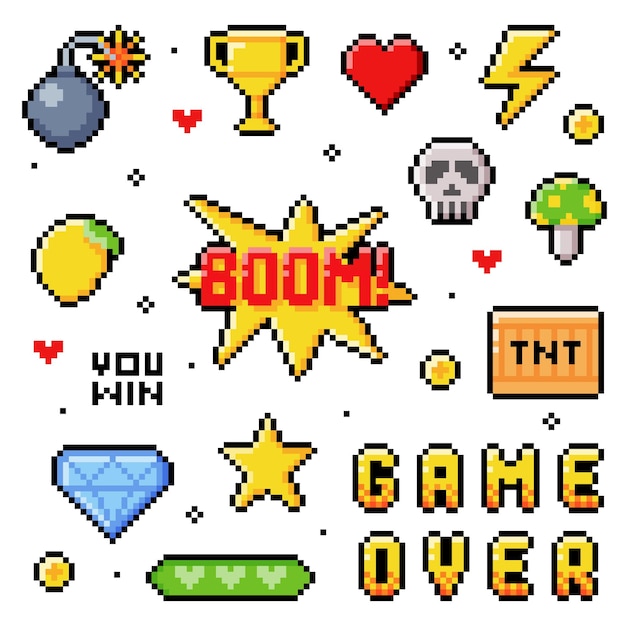 Pixel 8bit Objects en Video Game Style Element Vector Set Pixelized Creatief Symbool en Icon