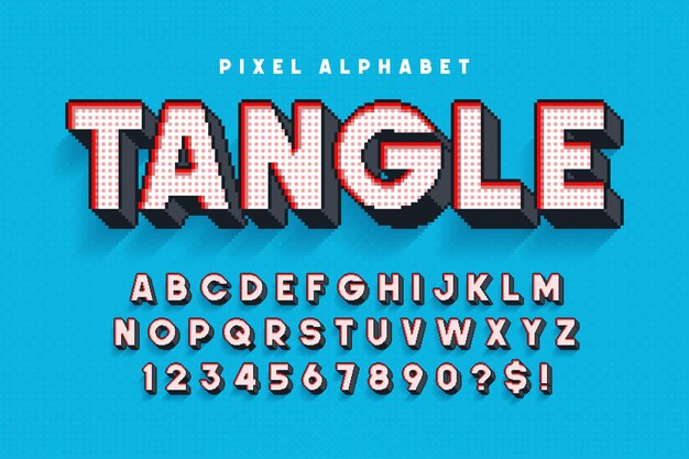 Pixel-alfabetontwerp gestileerd zoals in 8-bits games Retrofuturistisch hoog contrast Eenvoudige staalkleurencontrole