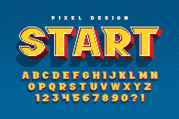 Pixel alphabet design, stylized like in 8-bit games.