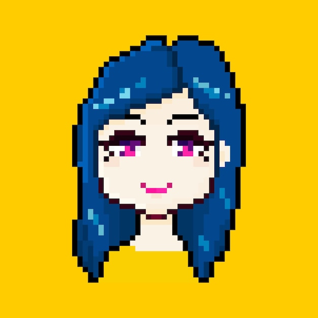 Pixel anime female character bright girl with long blue hair