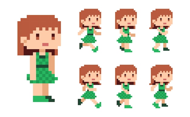 Vector pixel art 8 bit character cute girl character run animation