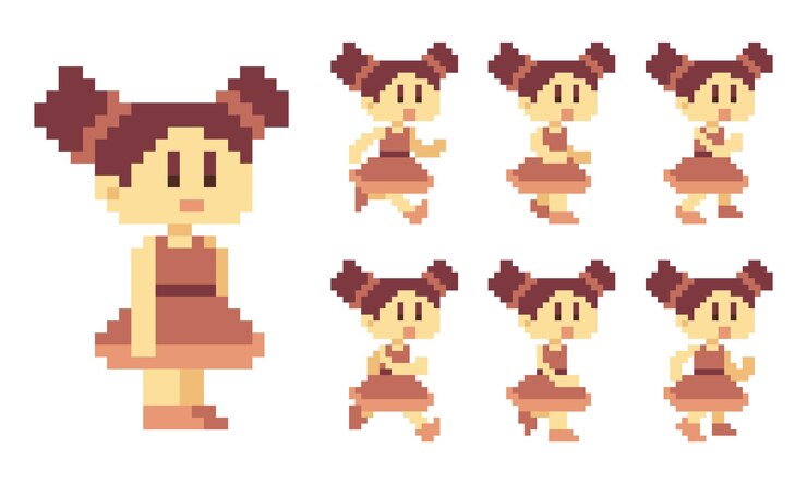 Vector pixel art 8 bit charcter cute girl character run animation vector