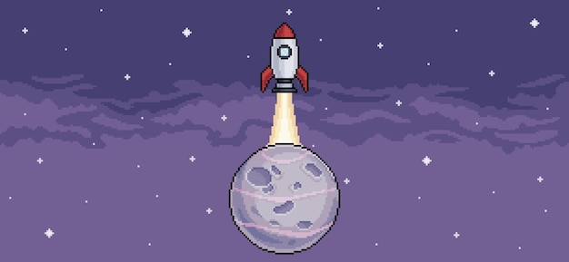 Pixel art achtergrond met raket opstijgen vanaf de planeet in de ruimte. Vectorscène voor 8bit-game