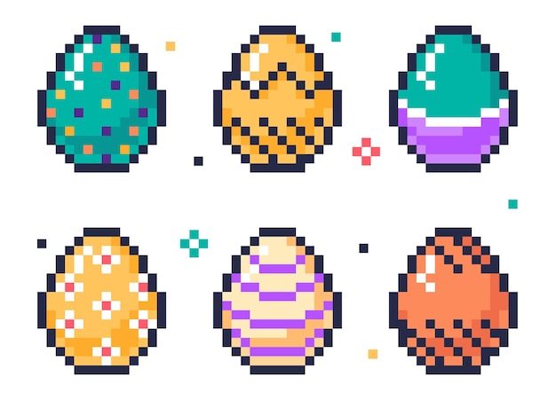 Pixel art gioco arcade uova pasqua pixel 8 bit uova dipinte uova di gallina gallina caccia all'uovo gioco piatto illustrazione vettoriale impostato su sfondo bianco