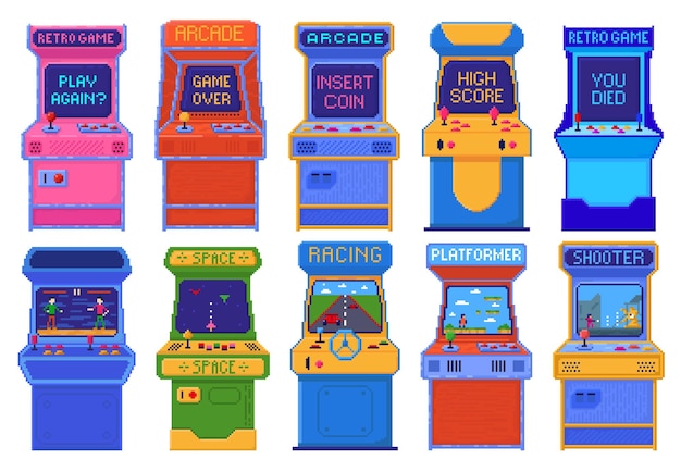 ピクセル アート アーケード ゲーム マシン古い 8 ビット ゲーム コンソール別のゲームし、再び高得点を再生し、画面ベクトル セットを死んだ