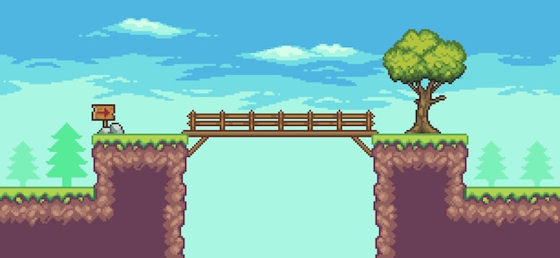 Pixel art arcade game scene met boom, brug, houten plank en wolken 8 bit vector achtergrond